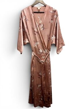 Vintage Dusty Rose Floral Satin Maxi Kimono Robe Barbizon S M